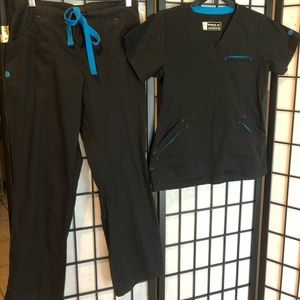 Black scrub set with blue stitching & Logo